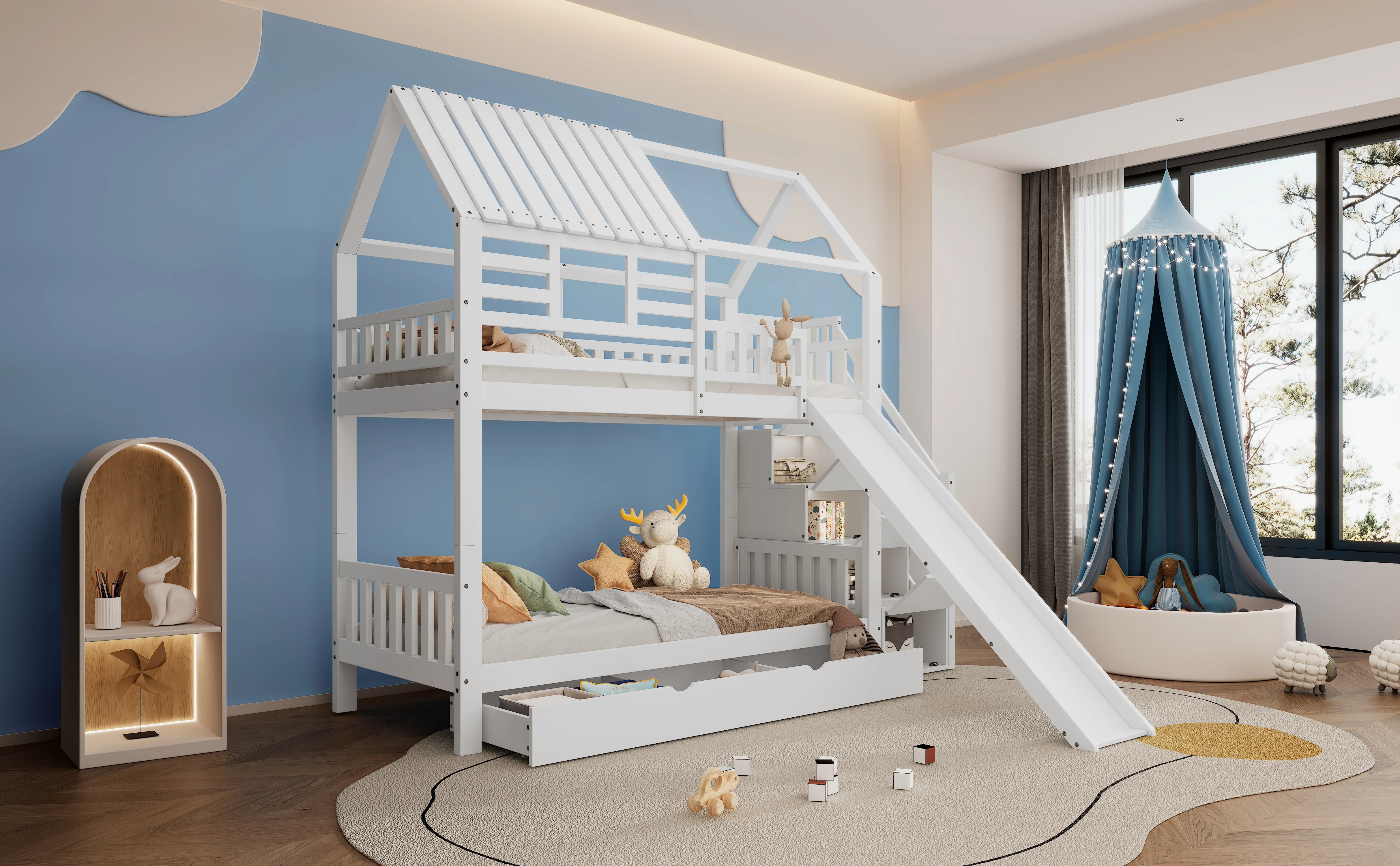 Etagenbett mit Treppe und Rutsche, Hausbett, Treppe mit Stauraum, Rahmen aus Kiefer und MDF, Kinderbett mit Fenster und Dach – Detail 8