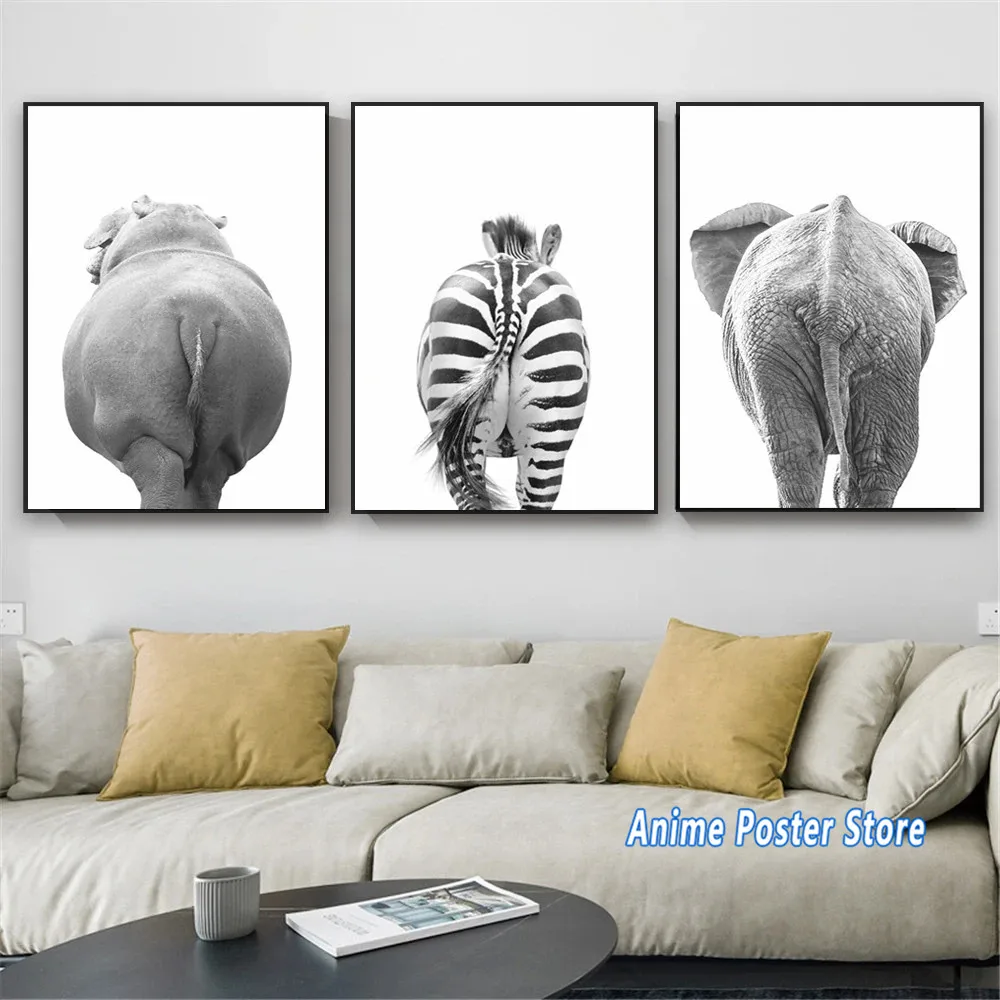 

Funny Safari Animal Wall Art Poster Black and White Animal Print Bathroom Canvas Painting Restroom Butt Toile Decor Cuadros Gift