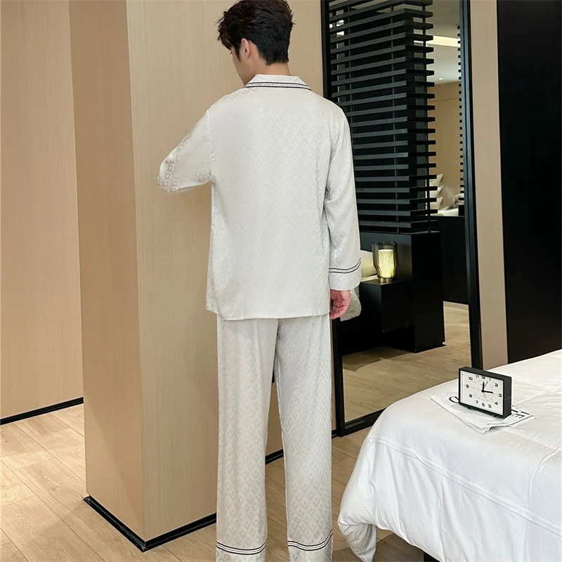 Spring Autumn Men's Ice Silk Pajamas Long Sleeve Lapel Cardigan Pants Plaid Jacquard Home Clothing Set Loose Oversized Sleepwear