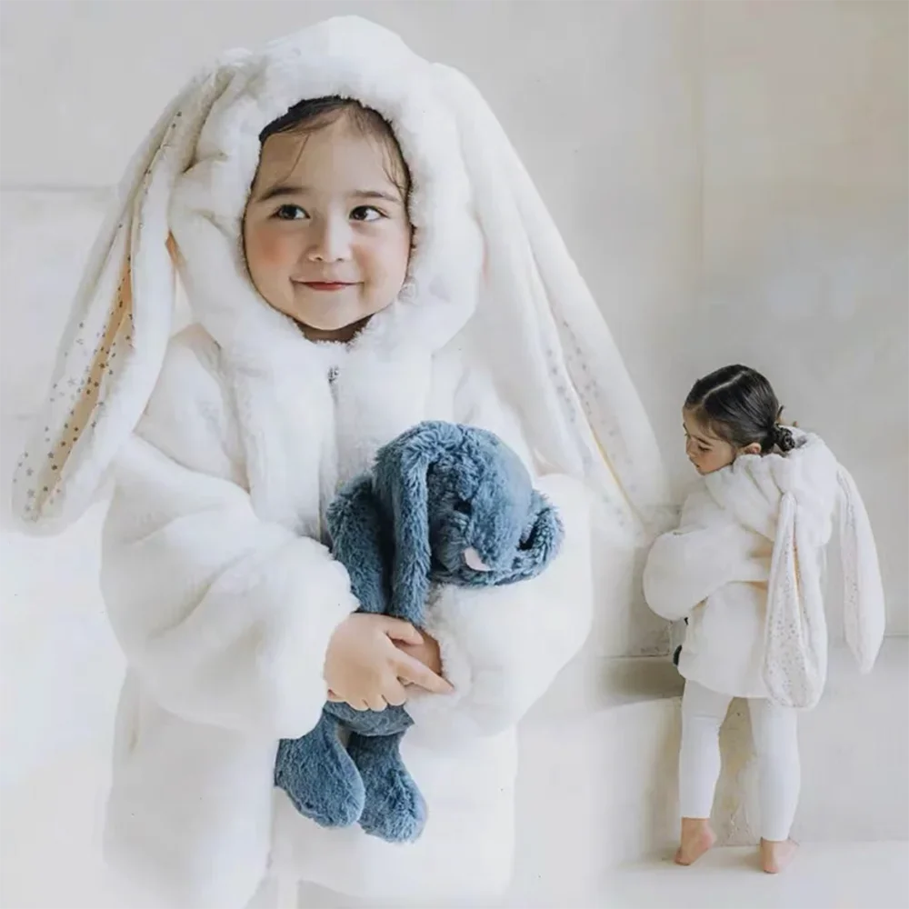Baby Girl Jackets for 1-7Y Spring Winter Fleece Toddler Baby Warm Rabbit Hooded Coat Children Girls Long Outwear Clothes