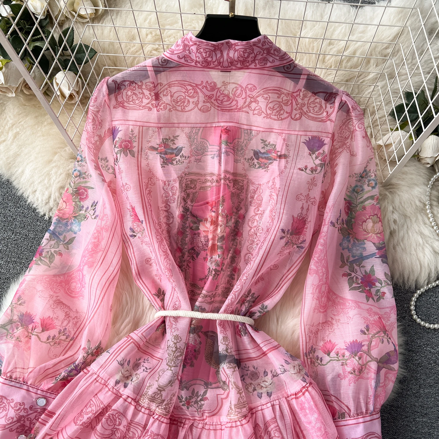 Vintage Print Elegant A-line lool Sleeve Bandage loose Turn-down Collar  Dress Casual Women Fashion summer Spring dresses - AliExpress 200000345