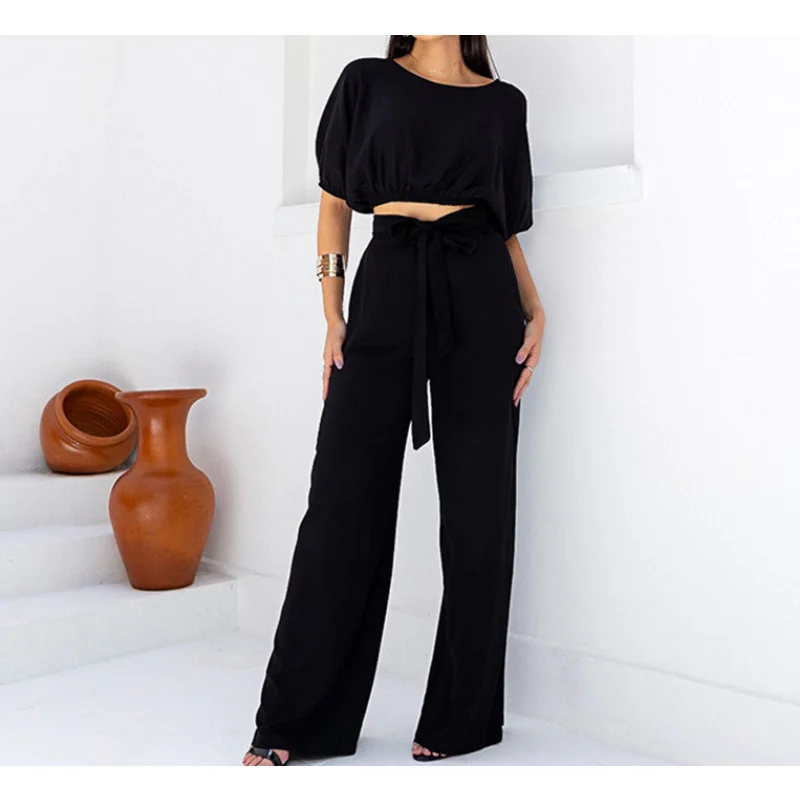 

2023 Summer New Fashion Casual Suit Round Neck Short Sleeve Shirt with High Waist Trousers Two-piece Sets Women Black Outfits