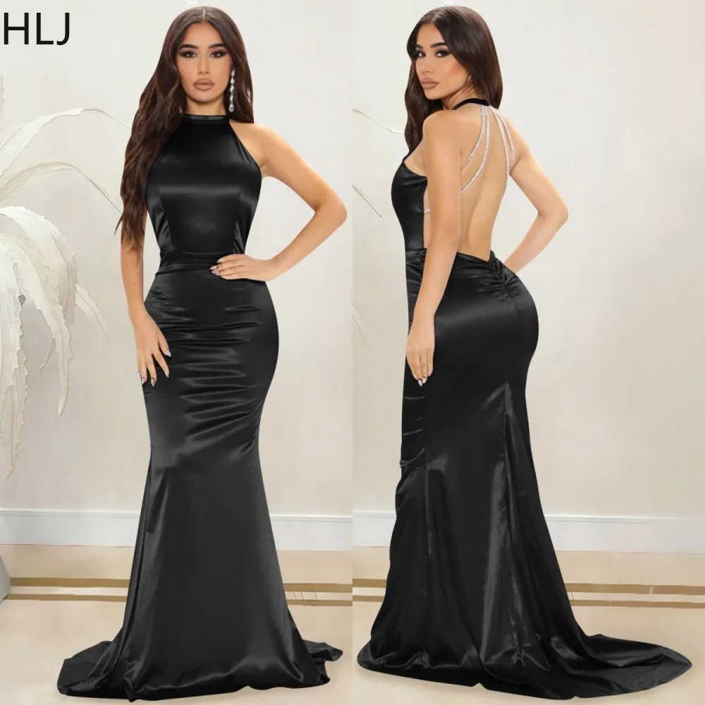 

HLJ Fashion Satin Finish Evening Party Floor Dresses Women Halter Backless Bodycon Dress Sexy Female Ruched Slim Vestidos 2023
