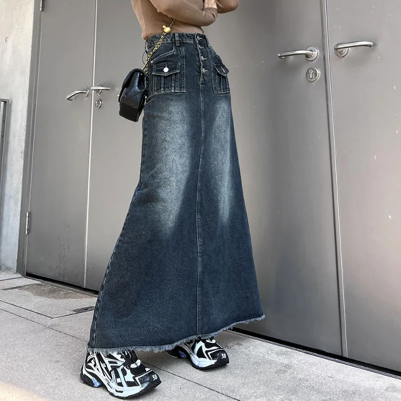 

Women Long Denim Buttons Skirts For Female Pockets Casual Loose A-Line High Waist Midi Skirt 2023 Spring Autumn Streetwear SK18