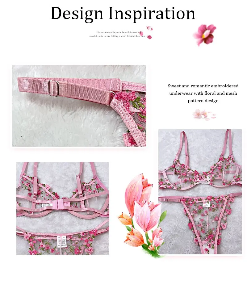 Ensemble sous-vêtements, 2 pièces soutien-gorge et culotte en dentelle femmes broderie florale rose transparent