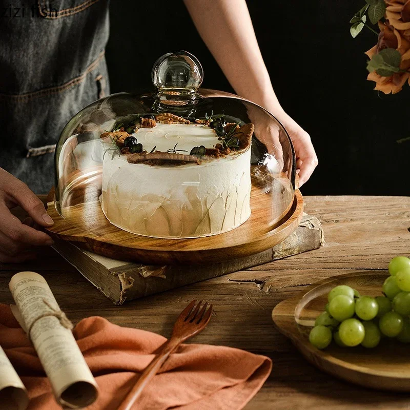 Wood Cake Pan Glass Cover Cake Stand Bread Pan Fruit Tray Dessert Plate Dim Sum Plate Snack Tray Refreshment Trays Display Stand