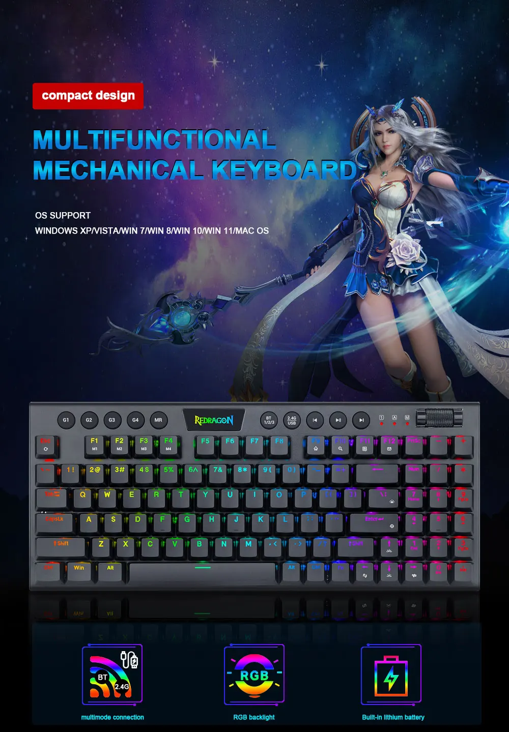Redragon Yi K625P KB RGB USB Mini Slim Ultra-Thin Designed Wired Mechanical Gaming Keyboard Red Switch 94 Keys