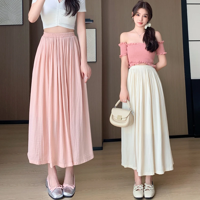 

Реальные фотографии, Женская юбка трапециевидной формы, модель 2024 года, Корейская уличная одежда, юбка средней длины с эластичным поясом