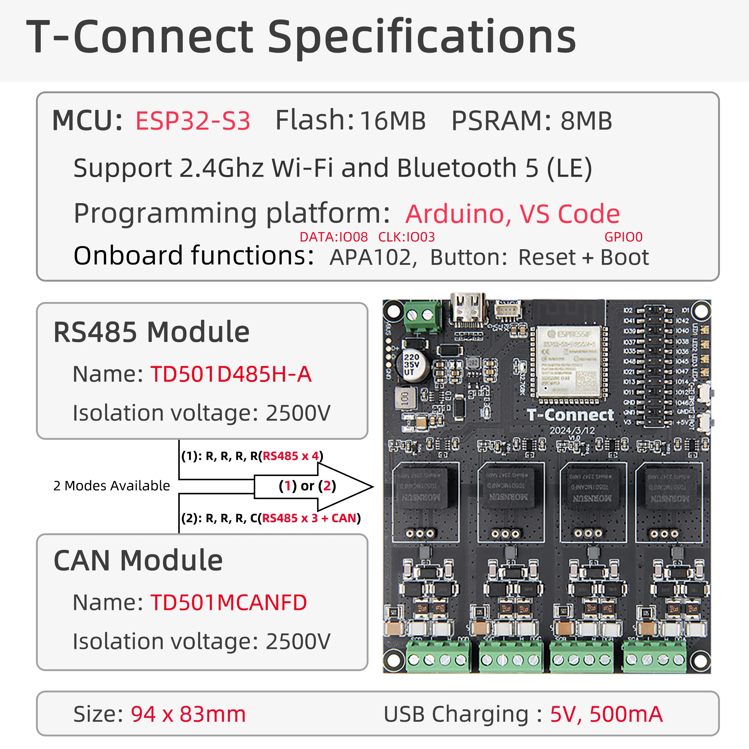 ® T-Connect ESP32-S3 Industrial Control Development Board RS485 CAN Module WiFi