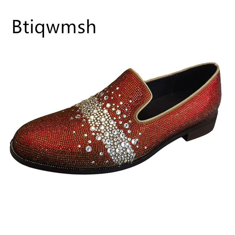 

Red Rhinestone Shoes Man Pointed Toe Diamond Flower Slip On Flats For Men Fashion Wedding Shoes