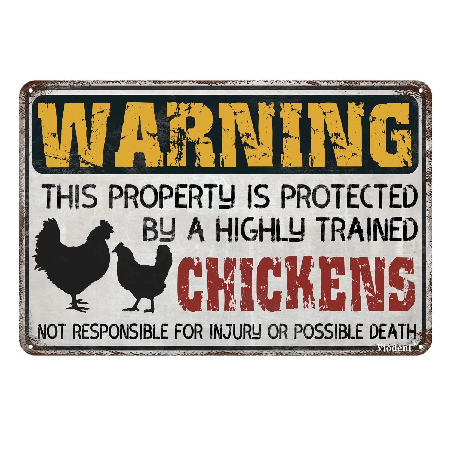 

Vintage Metal Warning Sign This Property is Protected by a Highly Trained Chickens Yard Street Garden Garage Outdoor Home Funny