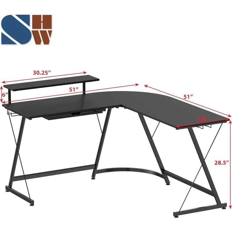 Vista L-Shape Desk with Monitor Stand, Black 3