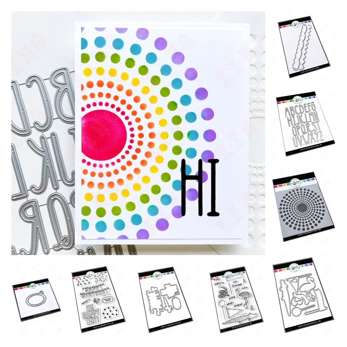 

New Slim Alphabet Decorative Edge Cut Dies Circle Burst Stencil Party Animals Oh, Confetti! Ink Swatch Tag Clear Silicone Stamps