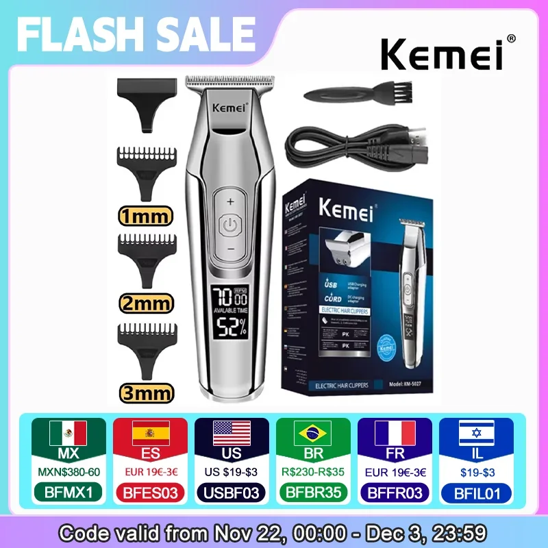 Cortadora de pelo Kemei KM-5027 o cortadora de barba con cuchillas para hombres, cortadora de pelo Digital LED de velocidad ajustable, maquinilla de afeitar para tallar