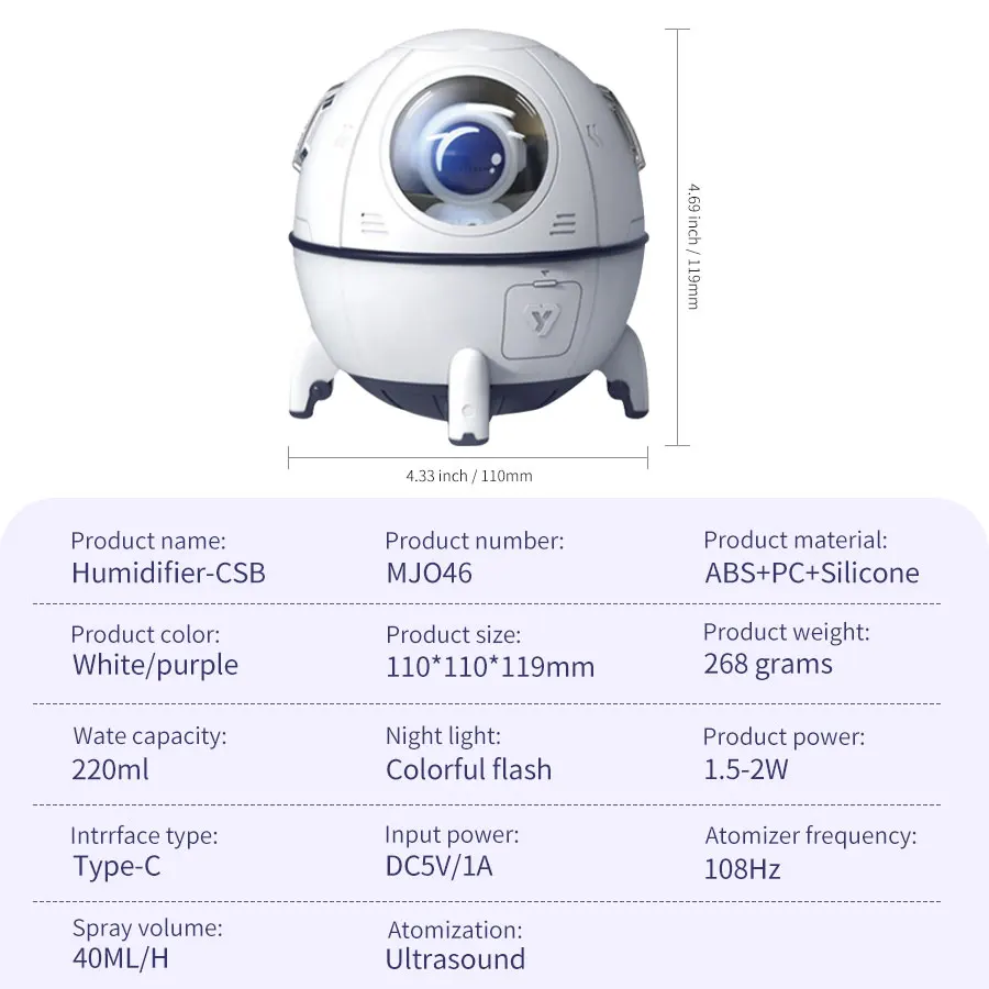 충전식 USB 플러그 LED 야간 조명, 어린이 선물, 우주 비행사 우주 캡슐, 가습기, 침실 장식, 방 분위기 램프