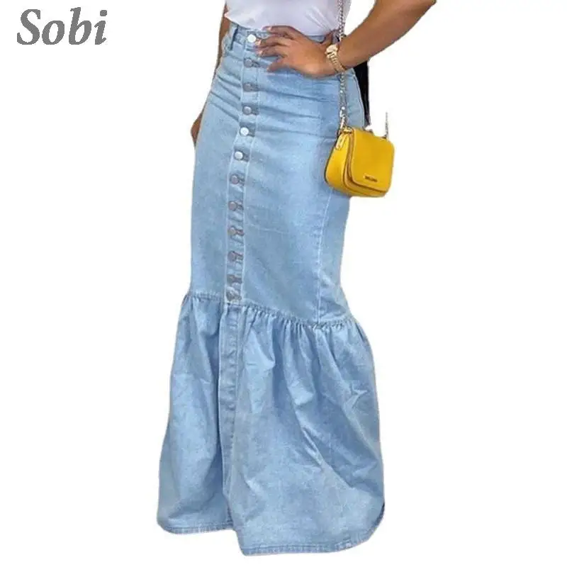 

Women Loose Fit Long Denim Skirt Fashion Stretch Vintage Fishtail Long Skirt LadiesHigh Waist Slim Casual Denim Skirt Streetwear
