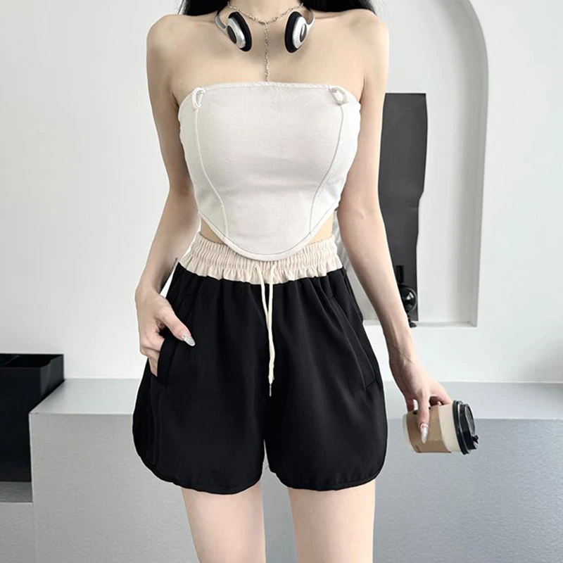 Hot Sale Summer Girls Baggy Short Pants Lady Fashion Patchwork High Waist Joggers Female Korean Drawstring Thin Shorts