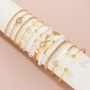 11 Pcs Boho Pearl Crystal Heart Infinity Sign Bracelets for Women Vintage Elegant Gold Color Bracelets Sets New Vacation Jewelry 1