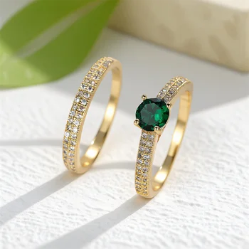 Round Stone Green Zircon Ring Sets For Women 2pcs/Set Vintage Gold Color Engagement Bands Wedding Rings Versatile Jewelry Gifts