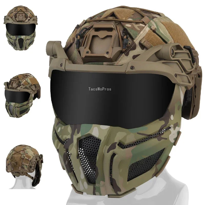 

Tactical FAST SF SUPER HIGH CUT Helmet with Flip Goggles Full Covered Shooting Wargame Helmet Mask Hunting Safety Head Protector