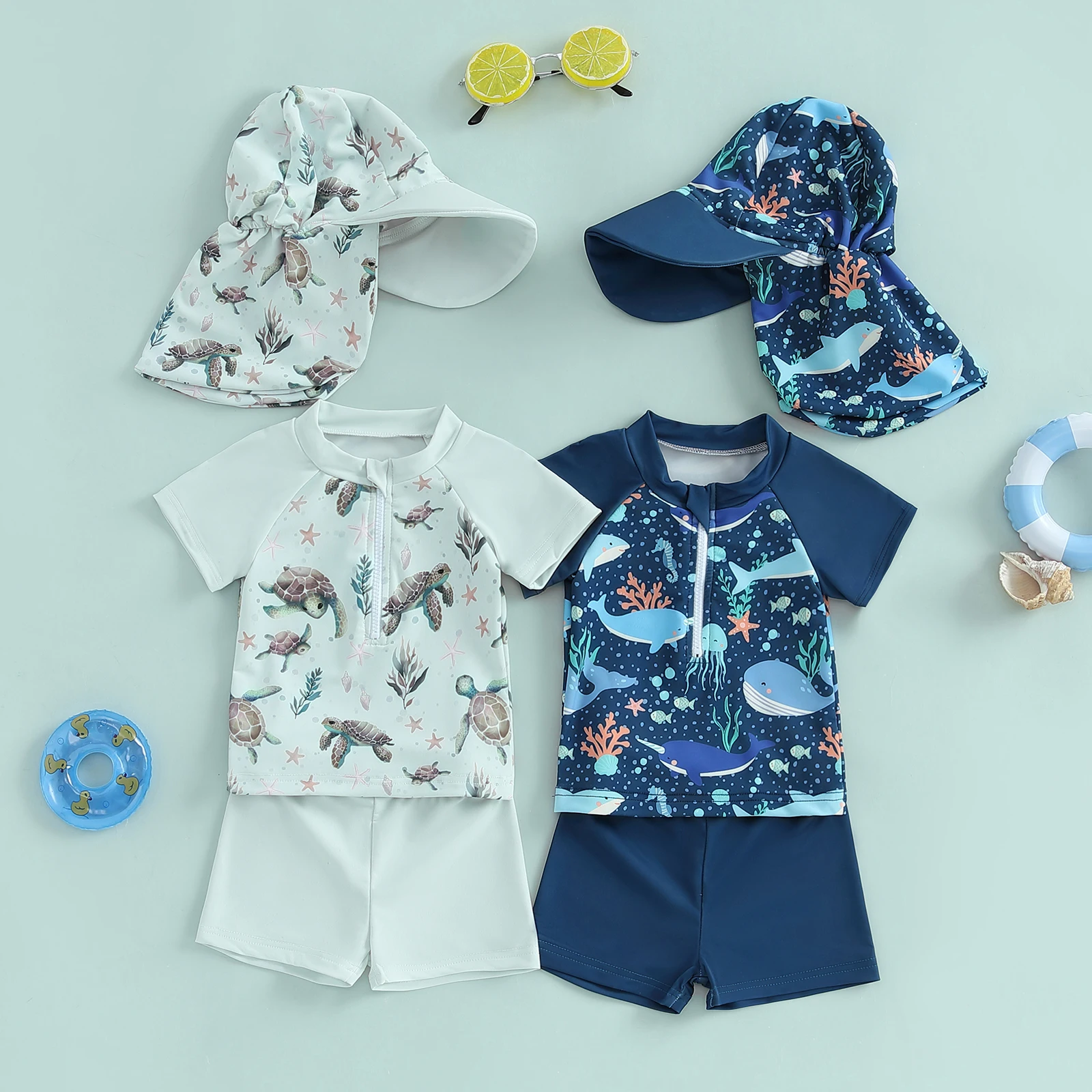 Infant Baby Boy Rash Guard Causal 3Pcs Whale/Turtle Print Short Sleeve Zip Tops with Shorts and Swim Hat Swimsuit Kid Beachwear kids swimsuits