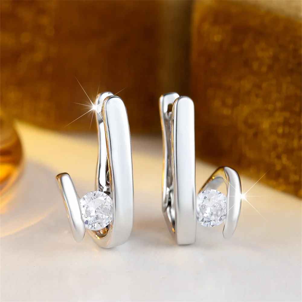White Zircon Round Stone Geometric Hoop Earrings For Women Vintage Silver Color Ear Buckle Wedding Party Jewelry Engagement Gift