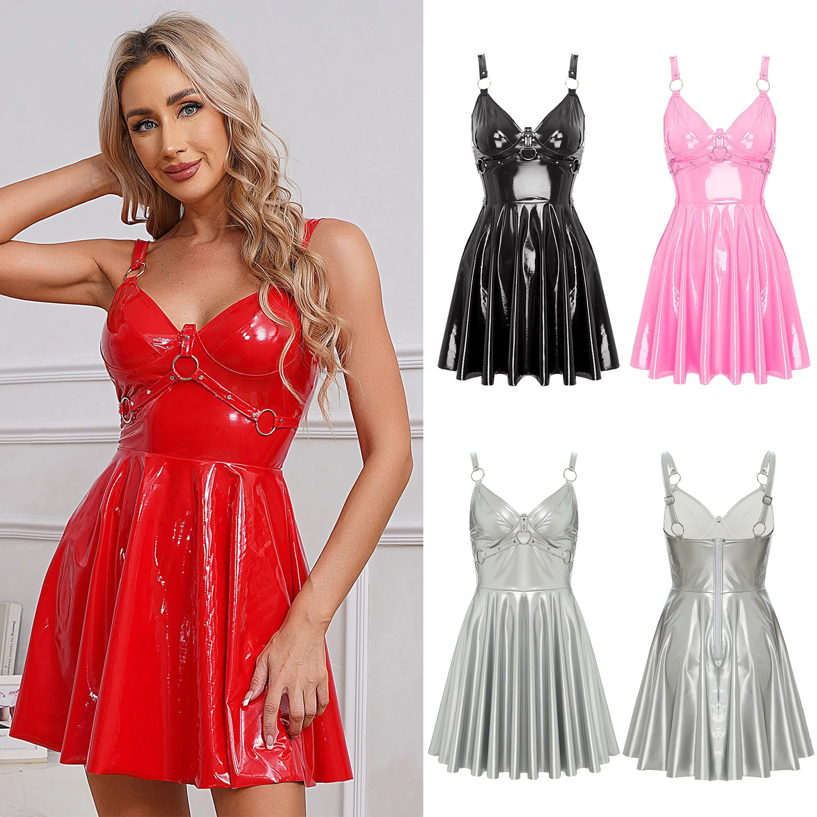 

Womens Wet Look Patent Leather Slip Dress 2024 Summer O-Ring Rivets Strappy V Neck A-Line Mini Dress Clubwear Gothic Party Dress