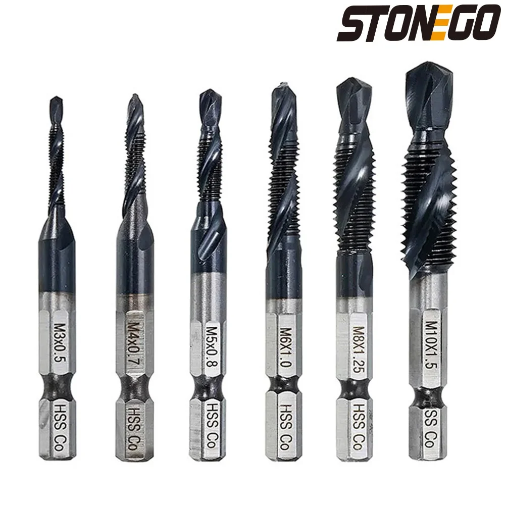 STONEGO M35 TiAlN Coated Combination Drill Tap Bit Countersink HSS-Co Taps Metric Combination Bit Hex Shank M3 M4 M5 M6 M8 M10