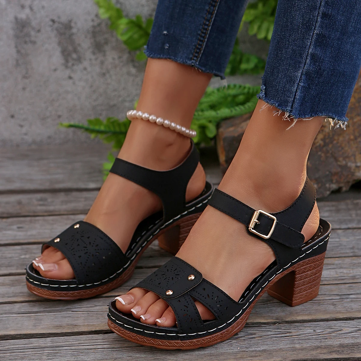 Neue Modische Damen Vintage Blumen Knöchelriemen Sandalen mit Dicken Absätzen Übergrößen Schuhe Bequeme Leichte Hochhackige Damenschuhe – Detail 15