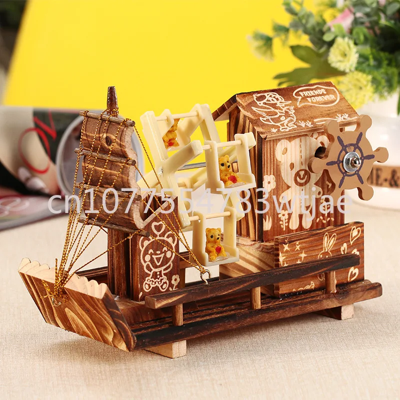 

Little Bear Ferris Wheel Windmill Wooden House Sailboat, Rotating Music Box Octopus Box Pen Holder, Creative Decoration Gift