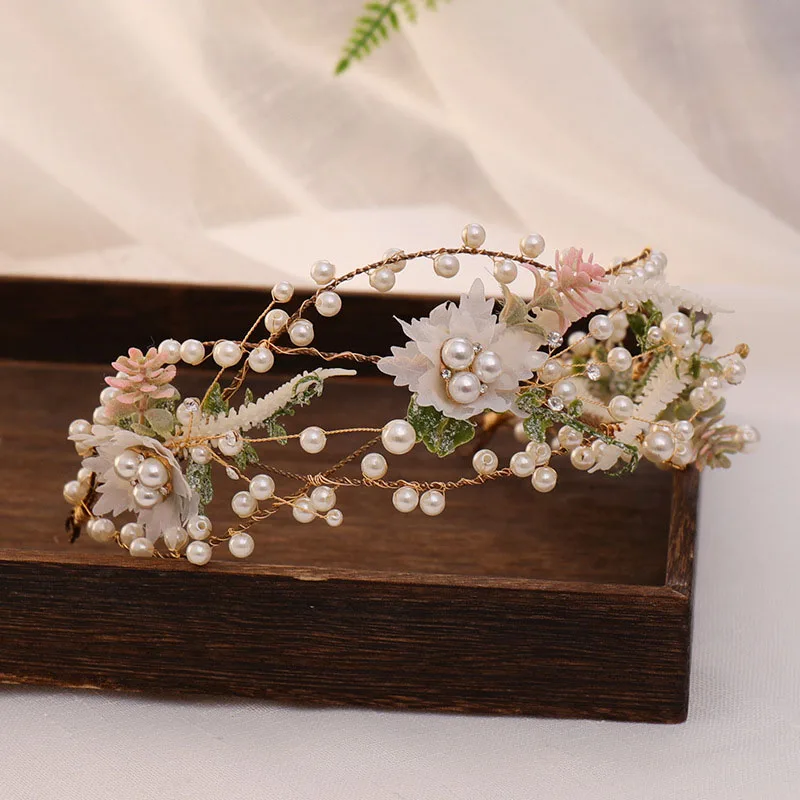 FORSEVEN Wedding Hairband Tiara Fairy Hair Jewelry Simulated Pearl Wreath Flower Leaf Headbands Hairpin Bride Headpieces Garland jewelry accessories hair accessory hair headdress bridal headwear pearl hairpins hair band crown