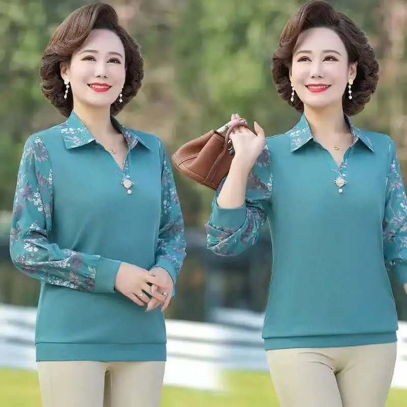 

L-5XL Polo Collar Long Sleeve Mother's Bottoming Shirt Blouse Spring Summer New Middle-aged Women's T-shirt Top