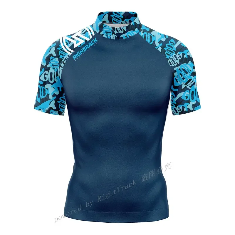 Men's Short Sleeve Surfing Shirt Champion Lycra Rashguard RIGHTTRACK For Surf Sportswear Beach UV Swimwear UPF50 Clothes sports shirt