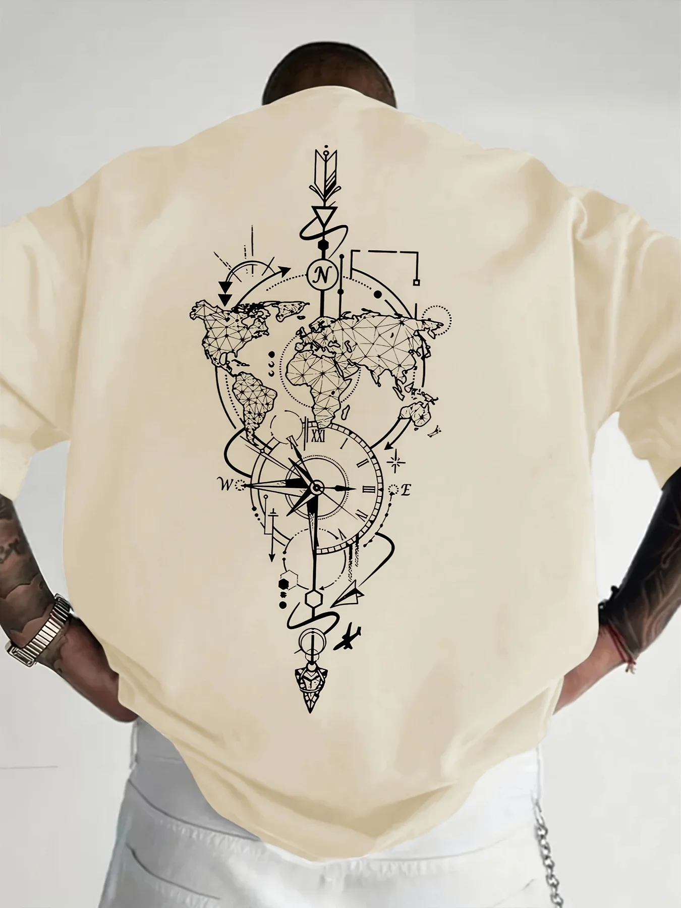 Vintage Nautischer Weltkarten-Kompass-Druck auf Premium Weichem 100% Baumwoll-Herren-T-Shirt Perfekt für Sommerlichen Casual-Streetwear-Stil