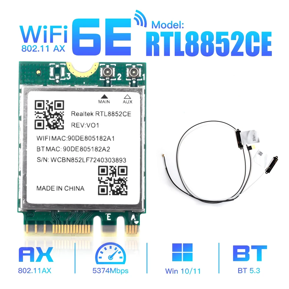 RTL8852CE WiFi 6E AX5400 M.2 네트워크 카드 802.11AX 블루투스 5.3 무선 어댑터 트라이 밴드 2.4/5/6GHz for Windows 10/11