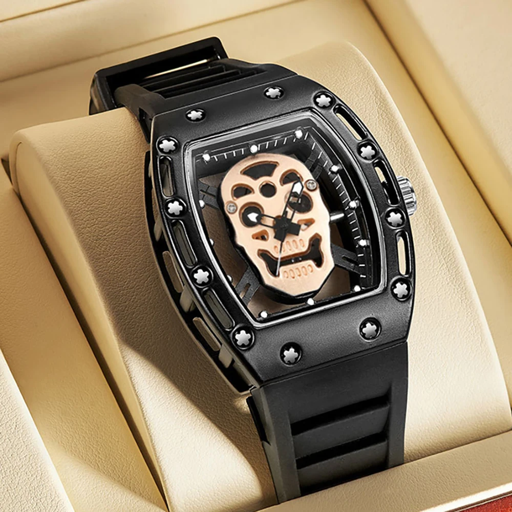

Skeleton Skull Dial Black Men Watch Top Brand Luxury Sports Tonneau Quartz Mens Watches Steel Waterproof Men Relogio Masculino