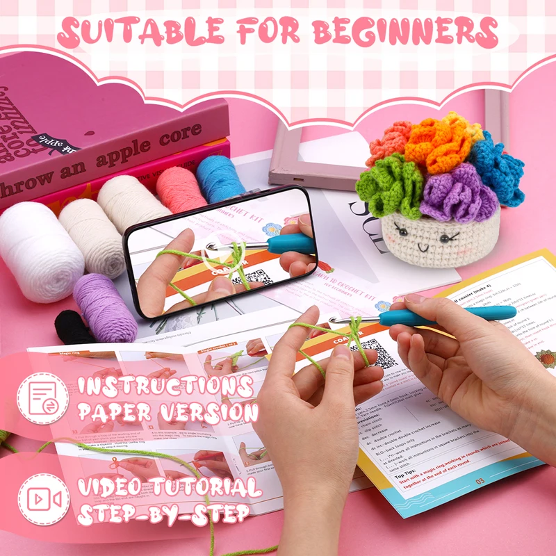 Fenrry Crochet Kit Crochet Hooks for Beginners Potted Plant Coasters with Step-by-Step Video Tutorials