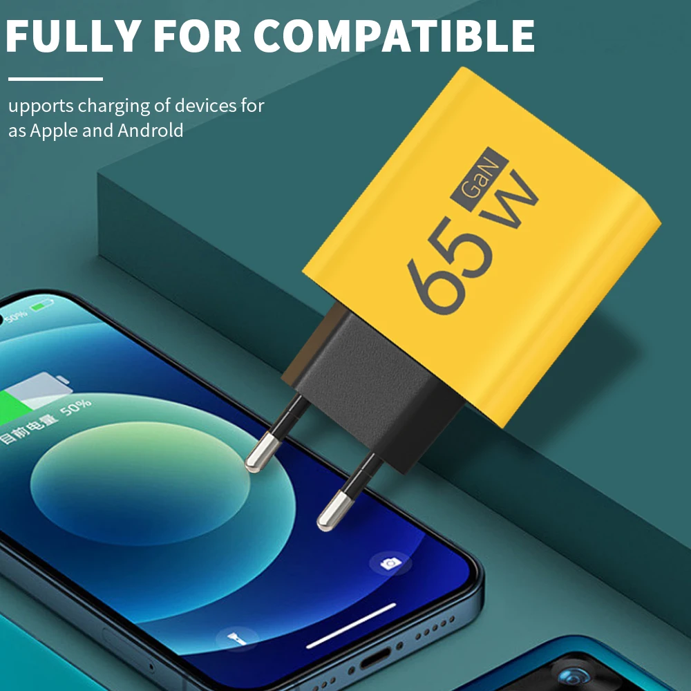 GaN PD USB Fast Charging 65W QC 3.0 3 Ports Type C EU/US Plug for iPhone Xiaomi Samsung Huawei