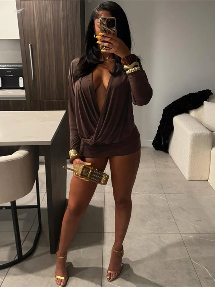 Nibber Cross Deep V-Neck Dress Women Full Sleeve Stretch Solid Midnight Street Clubwear Party Autumn Trend Elegant Mini Bodycon