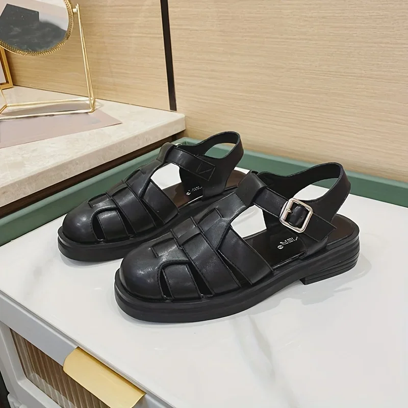 Women Solid Color Casual Sandals Ankle Buckle Platform Soft Sole Closed Toe Shoes Versatile Summer Beach Shoes
