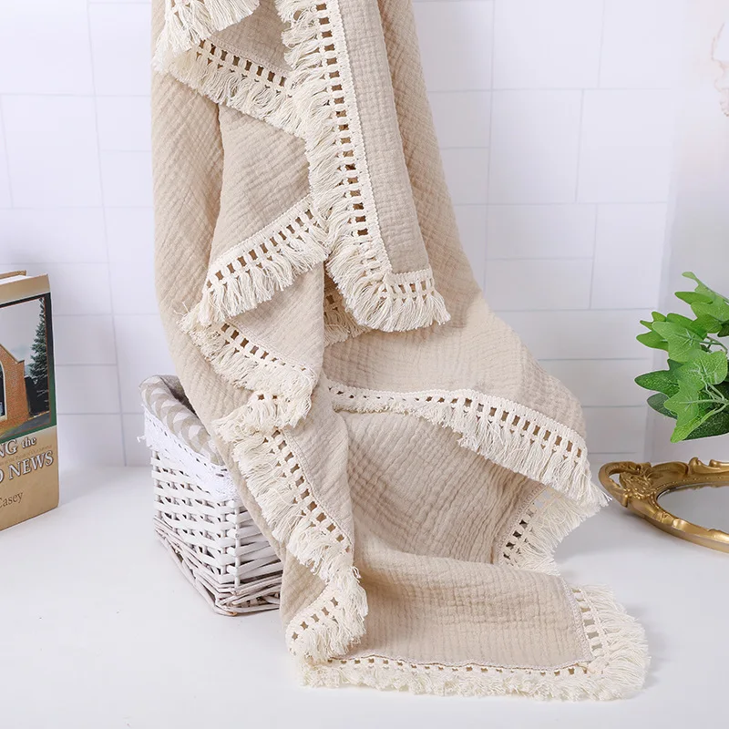 

Newborn Baby Tassel Receiving Blanket Solid Color Cotton Muslin Swaddle Blanket for Infant Sleeping Quilt Bed Cover Swaddle Wrap
