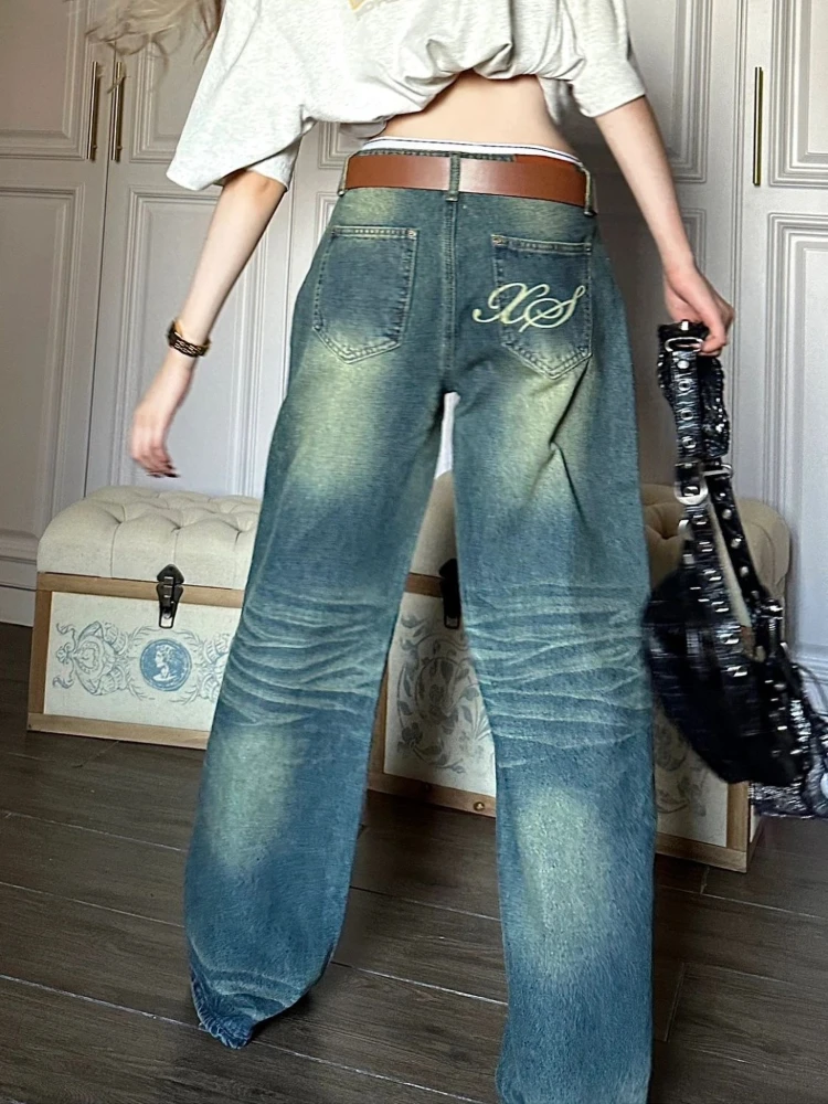 ADAgirl Blue Jeans Women Y2k Fashion Baggy Print Korean Style High Waist Wide Leg Denim Trousers Harajuku Retro Straight Pants