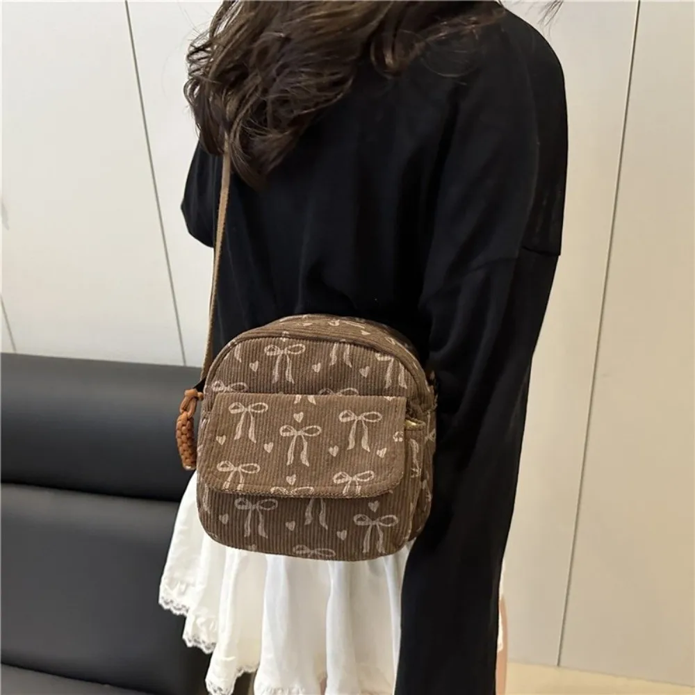 Borsa a tracolla piccola in velluto a coste casual Borsa a tracolla con fiocco impermeabile con chiusura a cerniera - immagine 2