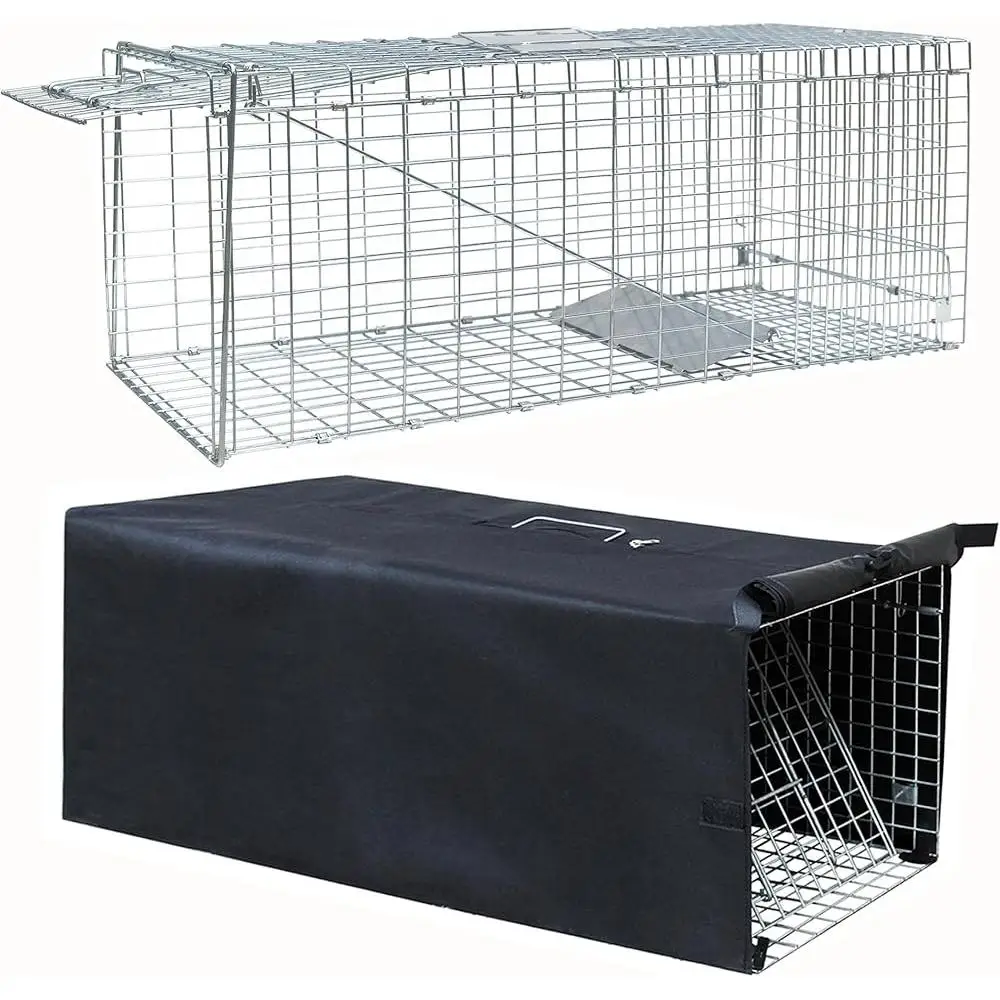 Heavy Duty Live Cat Trap Cage with Cover Humane Animal Trap Stray Cats Raccoons Squirrels Skunks Outdoor UseFoldable Design