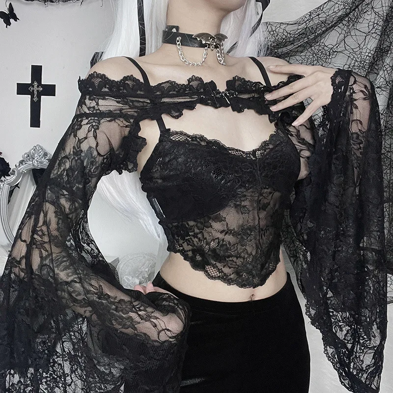 Goth Dark Elegant Mall Gothic Emo Lace Blouses Shrug Tops Grunge Sheer Sexy Women Alt Crop Top Off Shoulder Flare Sleeve Shirts