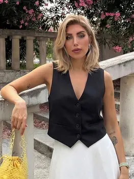 HH Women Casual V-Neck Sleeveless Waistcoat Elegant Fashion Solid Single-breasted Short Vest Chic Tops Female Summer Outerwear 1