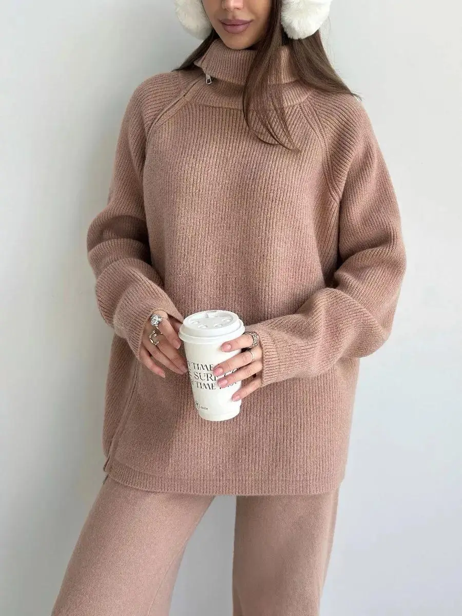 Knit Zipper Women's Pants Sets For Women Slim Lapel Long Sleeve Pullover And Patchwork Straight Legg 2 Piece-Set Winter