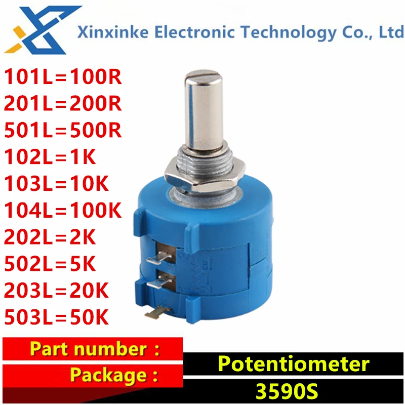 1pcs 3590s 1k 2k 5k 10k 20k 50k 100k ohm precision potentiometer adjustable resistor 3590 2 102 103 502 103 203 503 104 101 201l Precision Multiturn Potentiometer 3590S-2-101L 102 103 104 3590S 100R 200 500 1K 10K 100K ohm Potentiometer Adjustable Resistor