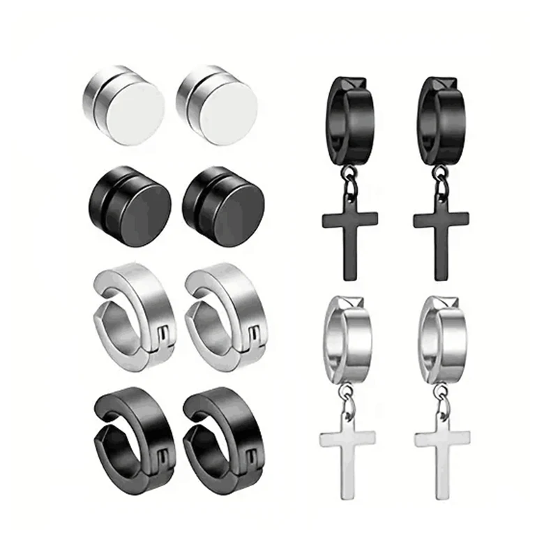 2-12 Pair Punk Men's Fashion Cross Magnet Stainless Steel Ear Studs and Earrings Set stud earrings ear accessories magnetic earrings