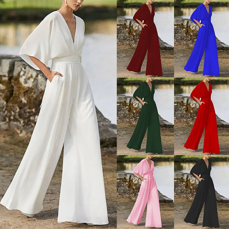 

Women Jumpsuit Summer Deep V Neck Half Batwing Sleeve Waist Tight Pockets Women Jumpsuit Straight Wide Leg Casual Work Jumpsuits